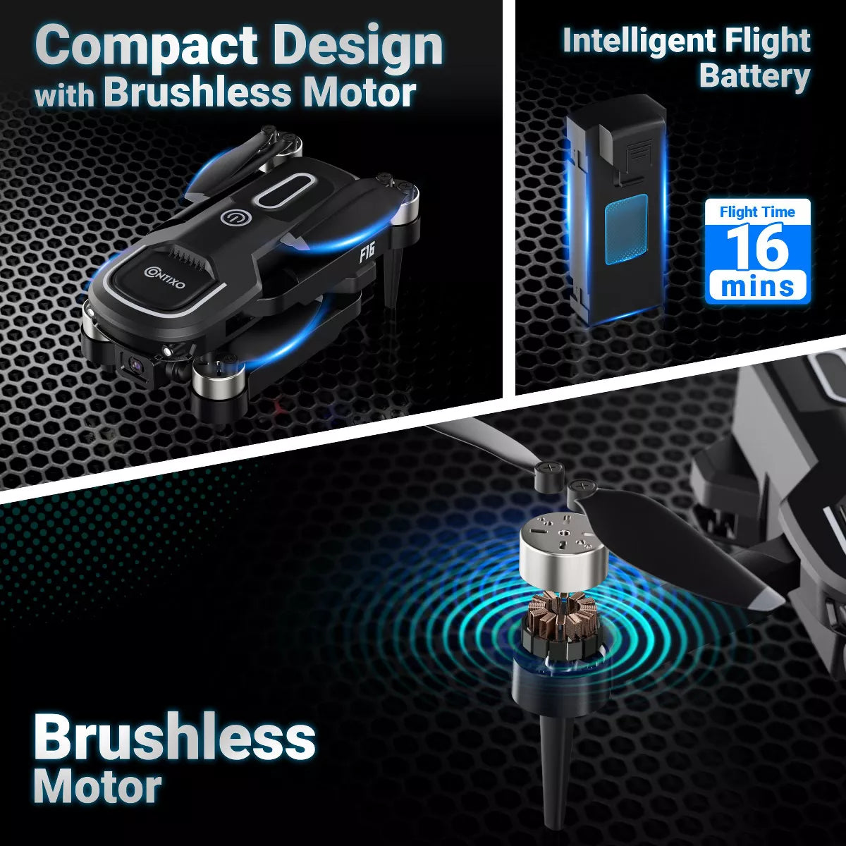 Contixo F16 Ziro Stunt Drone with 1080P HD Camera, FPV Capability, Foldable Design, 16-Minute Flight Time, Brushless Motor, and Follow Me Feature - Black
