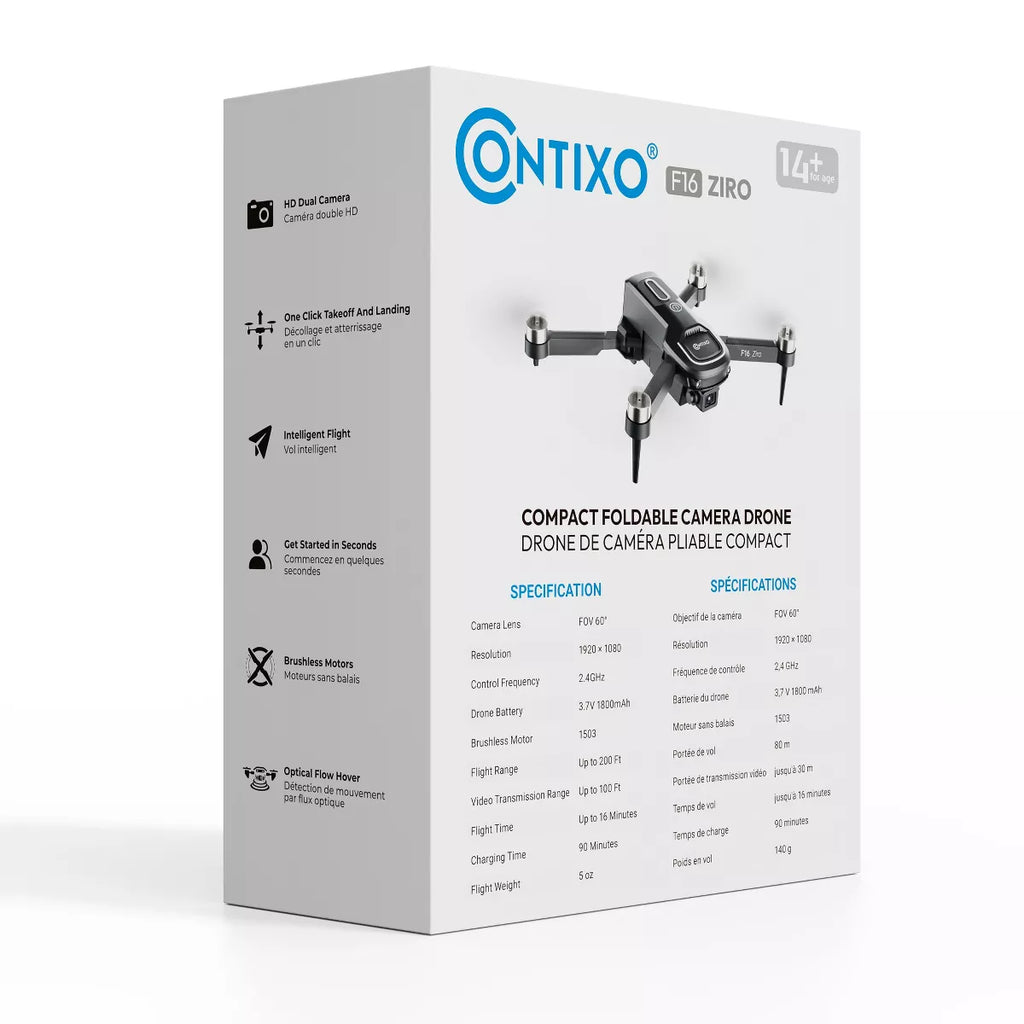 Contixo F16 Ziro Stunt Drone with 1080P HD Camera, FPV Capability, Foldable Design, 16-Minute Flight Time, Brushless Motor, and Follow Me Feature - Black