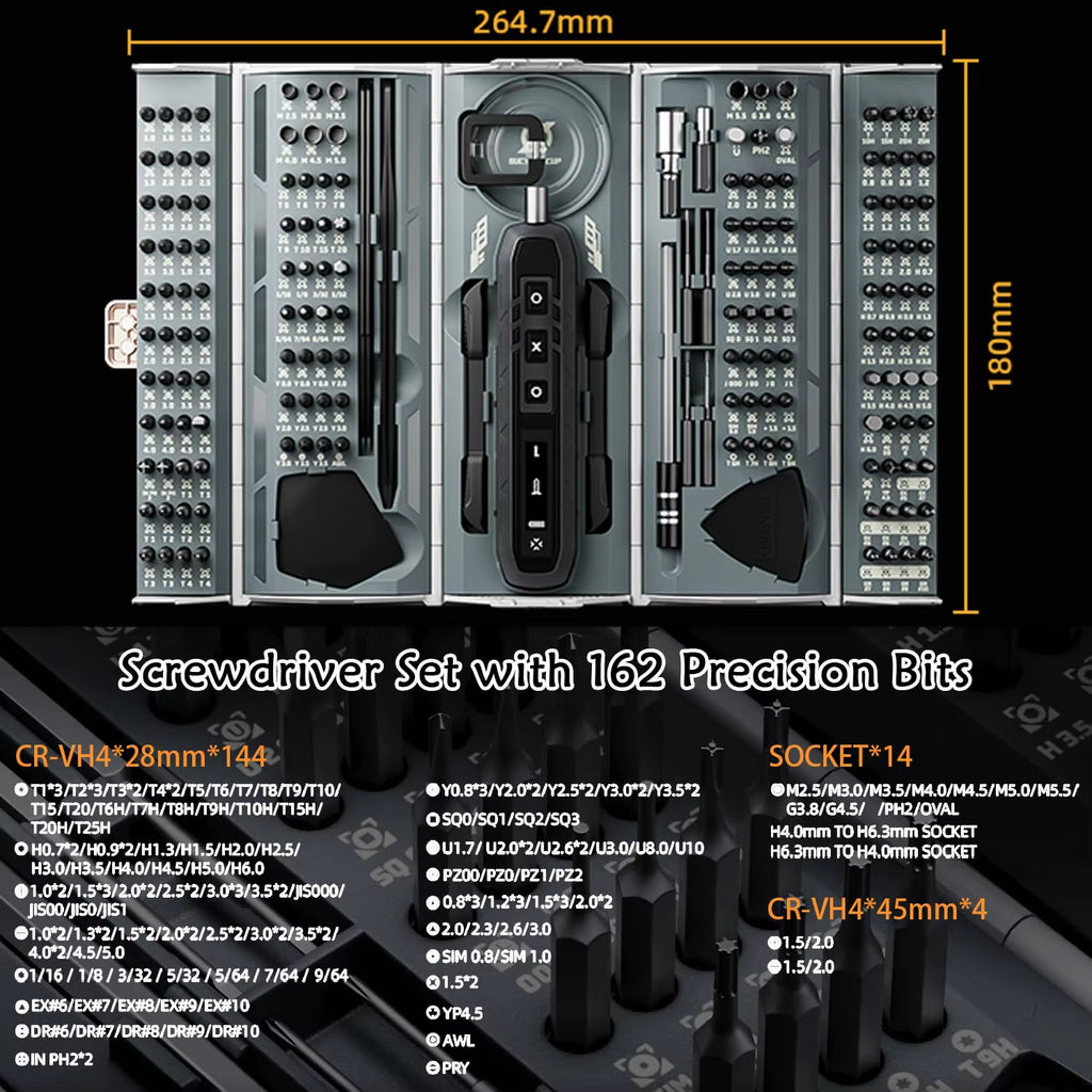 180 in 1 Precision Electric Screwdriver Set 3 Torque Modes with 160 Magnetic Bits Cordless Repair Tool Kit for Iphone PC Camera