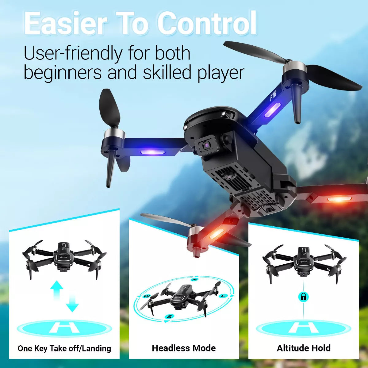 Contixo F16 Ziro Stunt Drone with 1080P HD Camera, FPV Capability, Foldable Design, 16-Minute Flight Time, Brushless Motor, and Follow Me Feature - Black