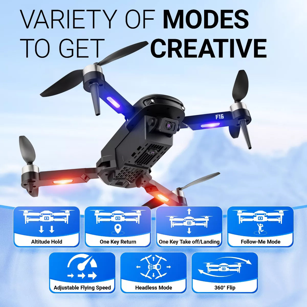 Contixo F16 Ziro Stunt Drone with 1080P HD Camera, FPV Capability, Foldable Design, 16-Minute Flight Time, Brushless Motor, and Follow Me Feature - Black